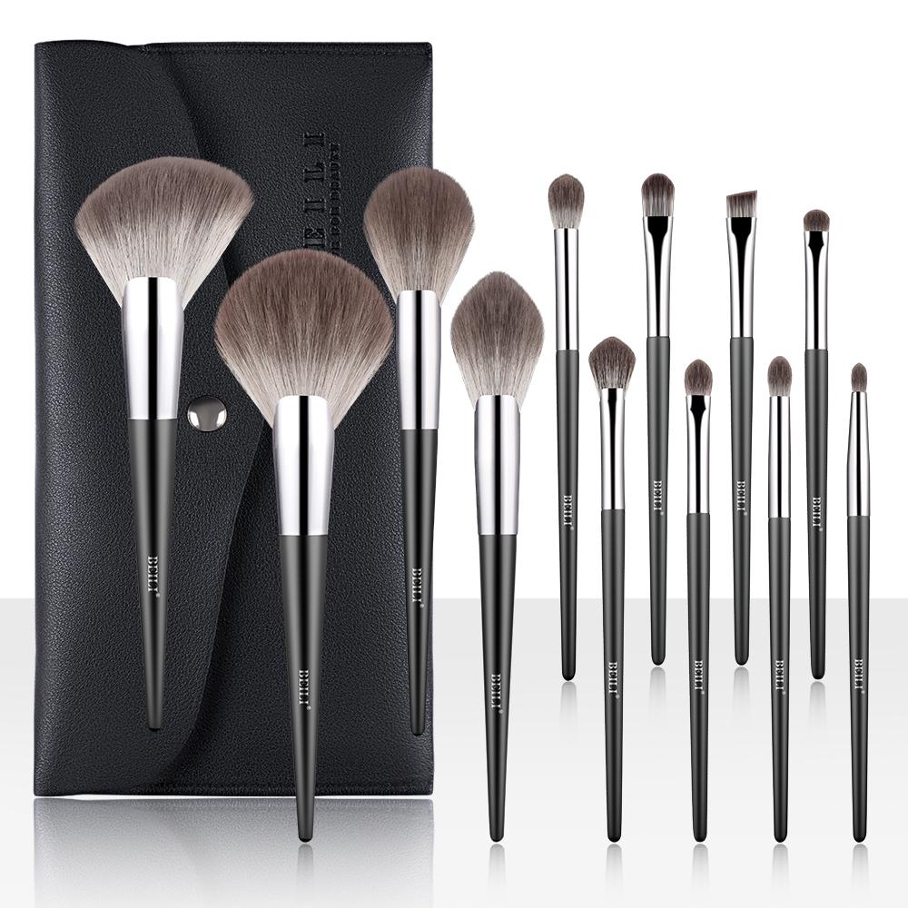 soft nano wool fiber material slim bright black wood handle silver brushes makeup with bag