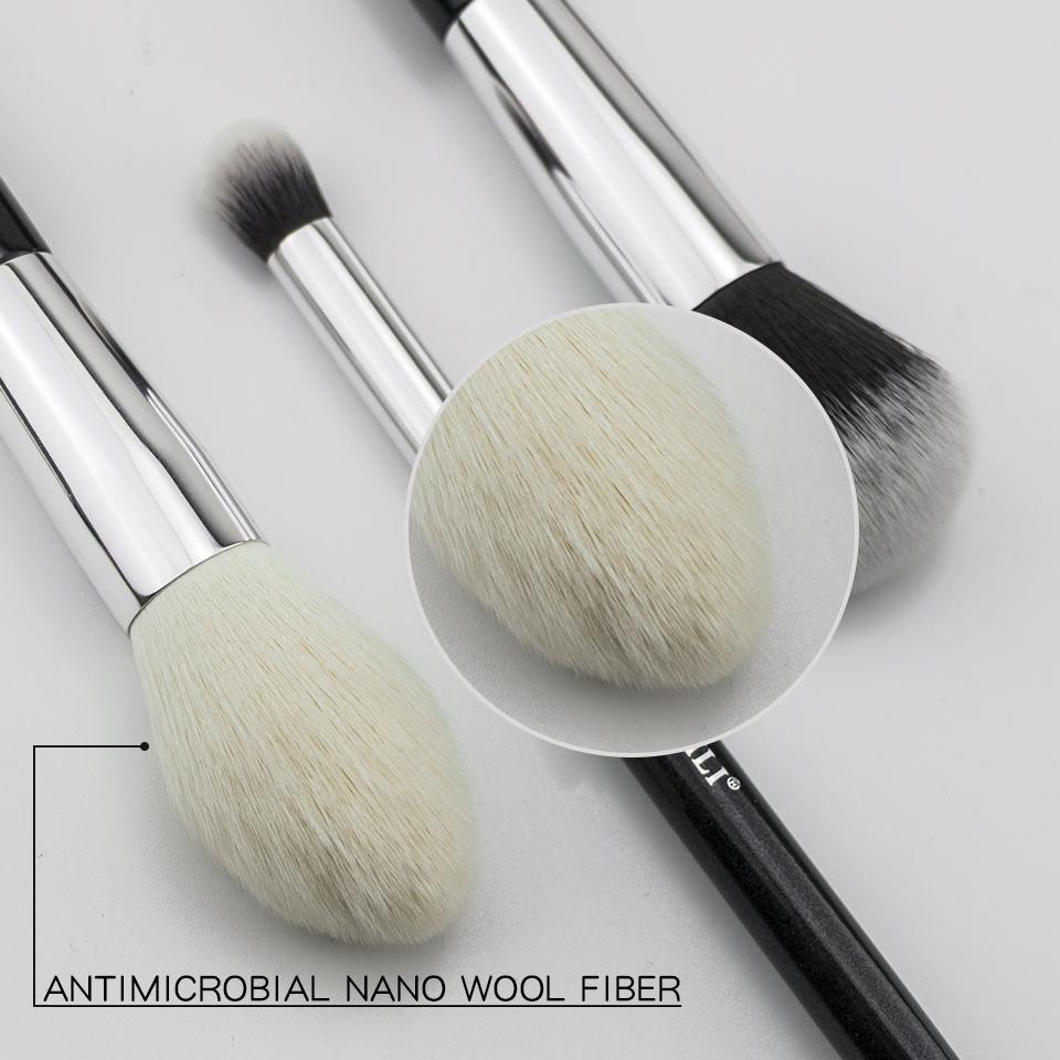 makeup brush set kabuki flat black silver wooden handle Synthetic hair private label low moq with bag blender brsuh