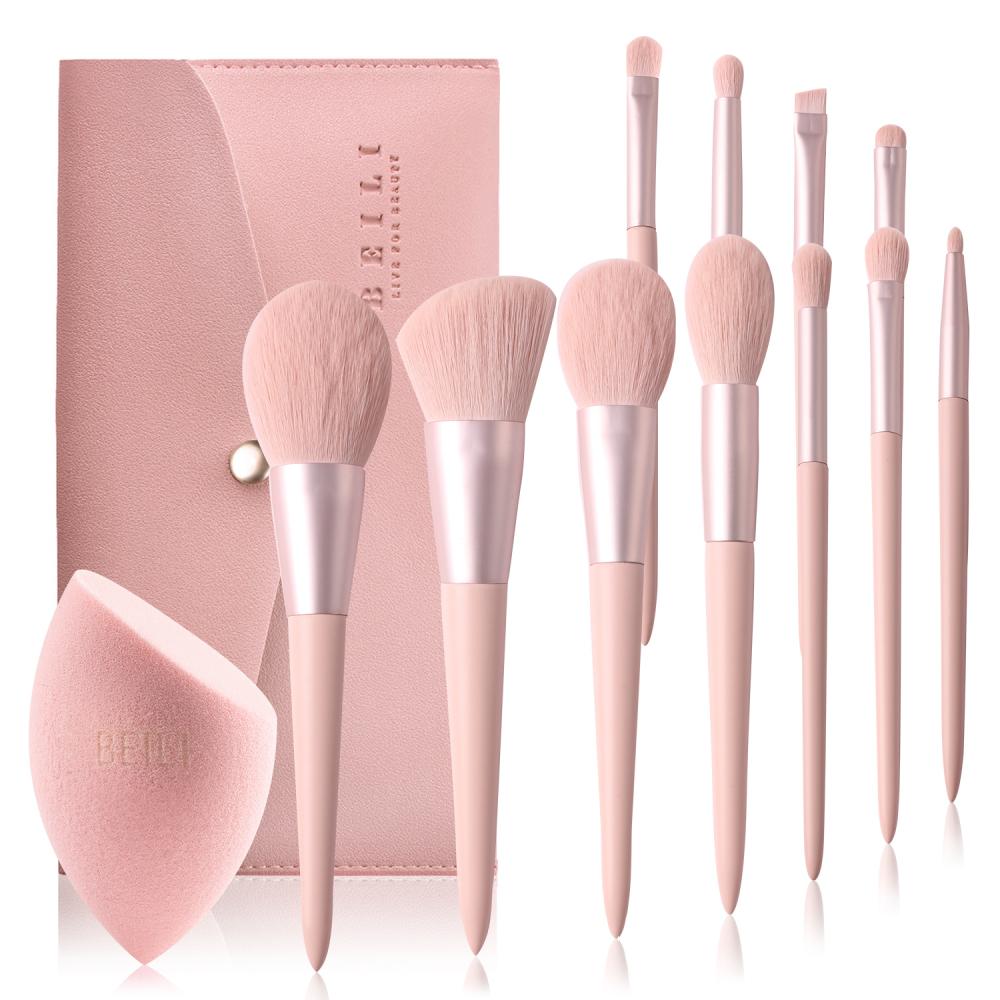 BEILI Luxury mini pink makeup brushes set private label vegan hair wholesale brochas de maquillaje with bag&custom makeup sponge